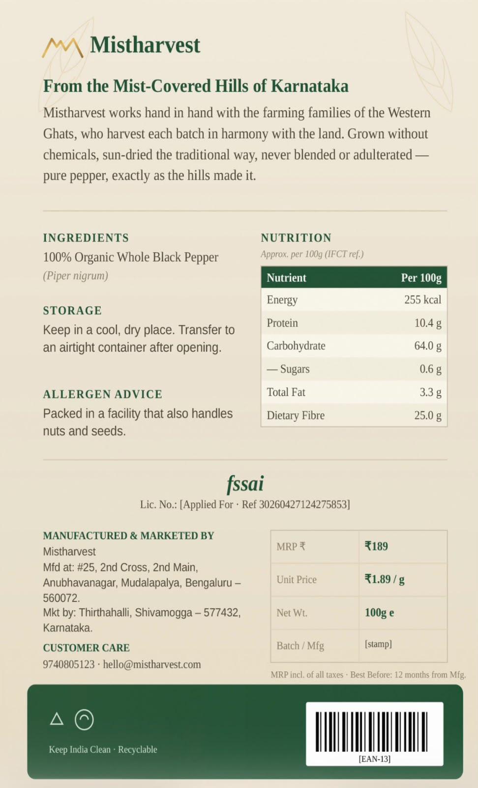 The printed label on the Malnad Black Pepper pack